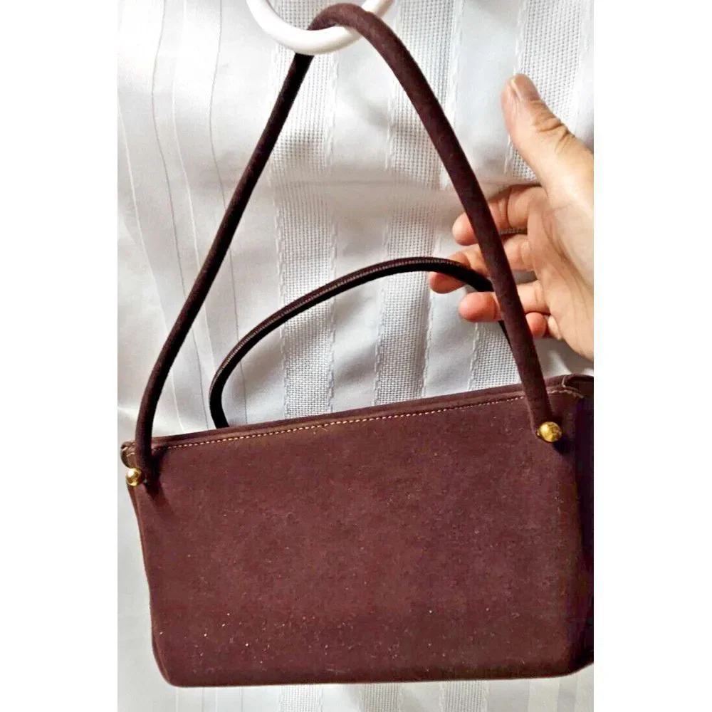 Vintage dark brown Square‎ basket Evening Bag Velvety Ultrasuede double handles